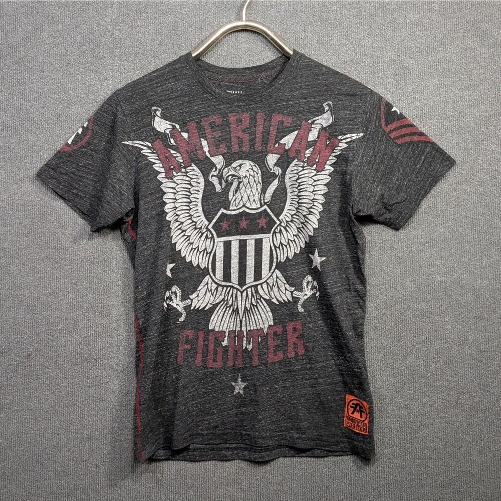 American Fighter T-Shirt Mens Small Gray Eagle Flag Y2K Crew Neck Lightweight